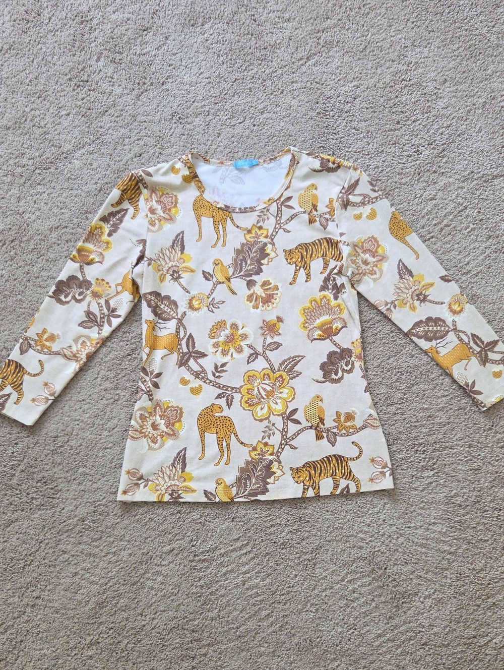 Cream Long-Sleeve Tee with Gold & Brown Animal Floral Print